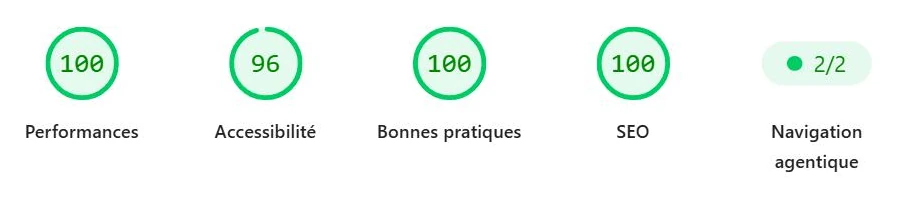 Notes PageSpeed Insights sur ordinateur : 100 en performances, 96 en accessibilite, 100 en bonnes pratiques et en SEO