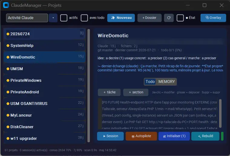 L'interface de ClaudeManager : la liste des projets suivis, l'activité de chacun et les commandes de session
