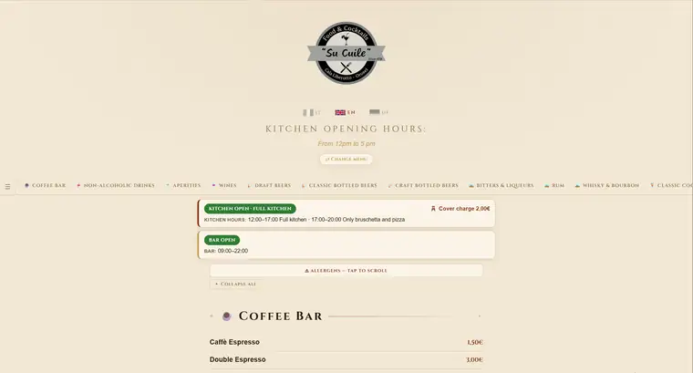 La carte du bar Su Cuile telle que le client la voit après avoir scanné le QR code, en italien, anglais et allemand